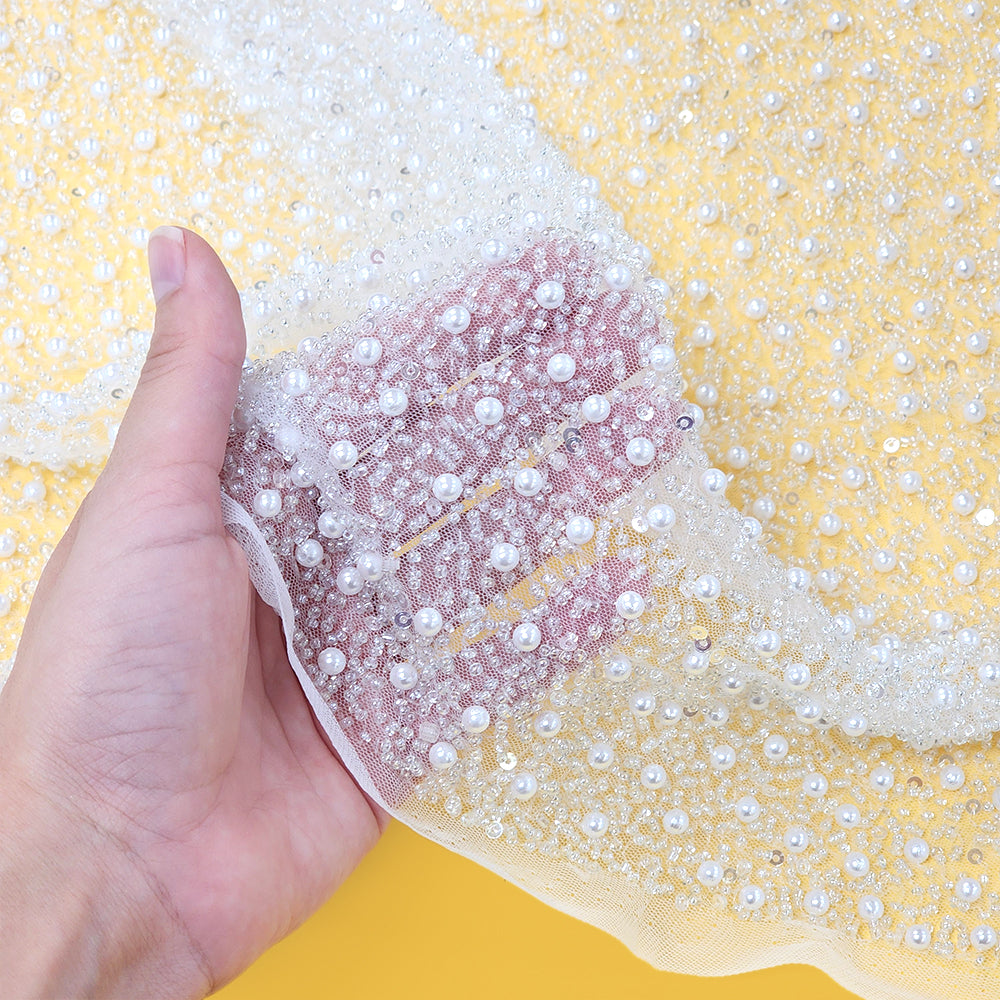 Embroidered Lace Fabric With Pearls, Sequins, and Beads - 45\, image size:1000x1000
