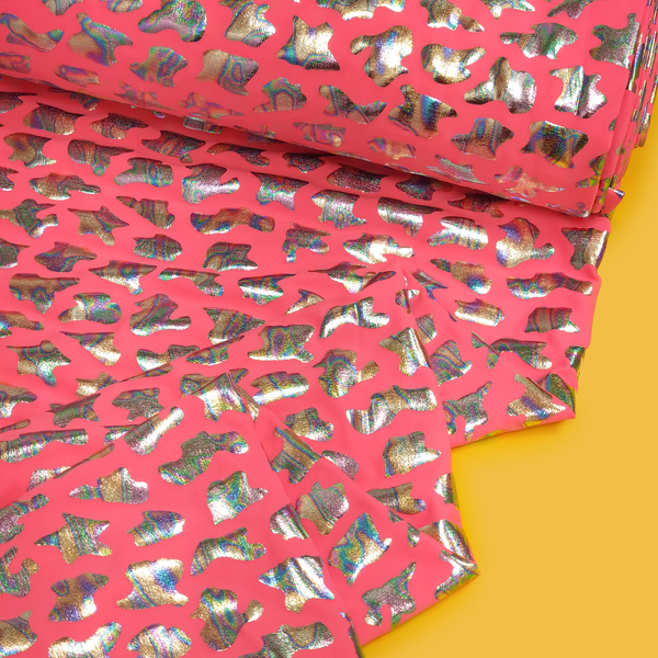 Holographic Cow Print, Coral Pink, Lycra Fabric - 60" Wide