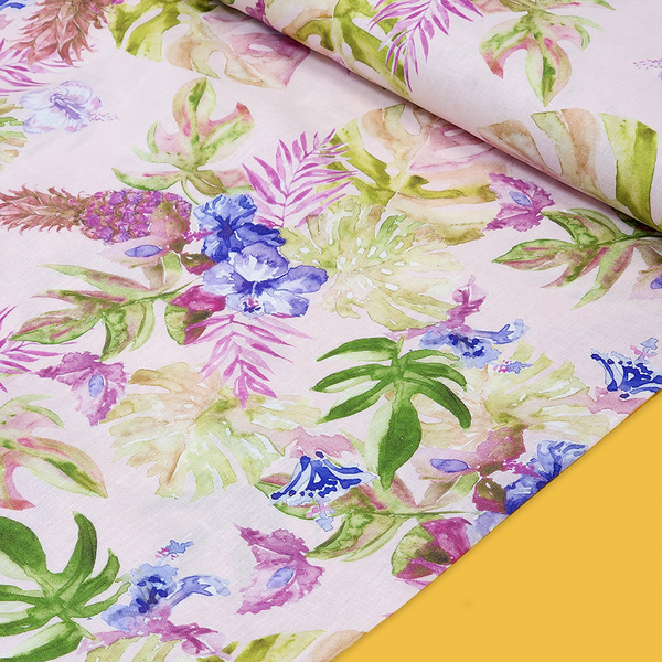 Pink Tropical Paradise - 100% Linen Print Fabric, 58" Wide