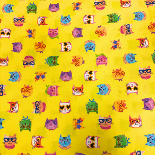 Tela Estampada de 100% Algodón 44" Gatos, Amarillo / Multicolor - 1 yarda