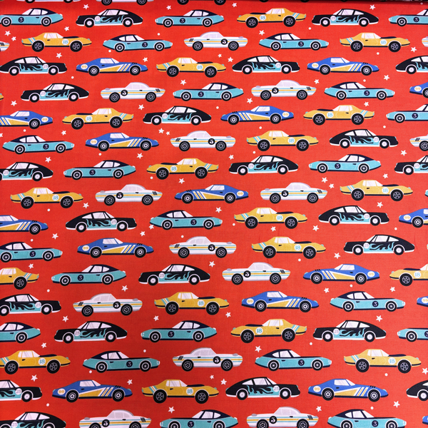 Tela Estampada de 100% Algodón 44/45" Autos, Rojo - 1 yarda