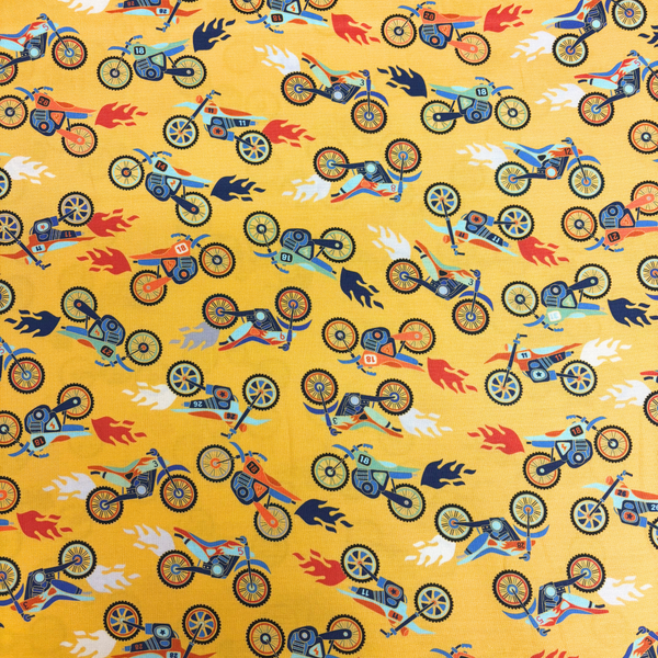 Tela Estampada de 100% Algodón 44/45" Motocicletas, Amarillo - 1 yarda