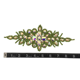 Rhinestone Applique, 9.5" x 3.5", Verde Claro – 1 pieza