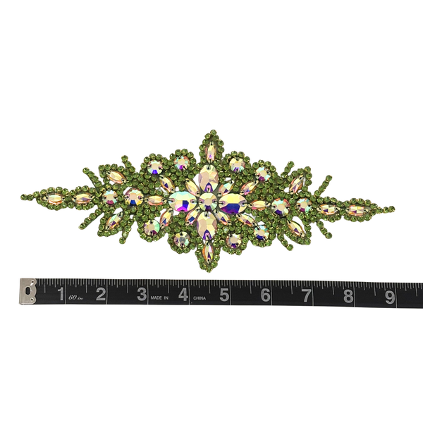 Rhinestone Applique, 9.5" x 3.5", Verde Claro – 1 pieza
