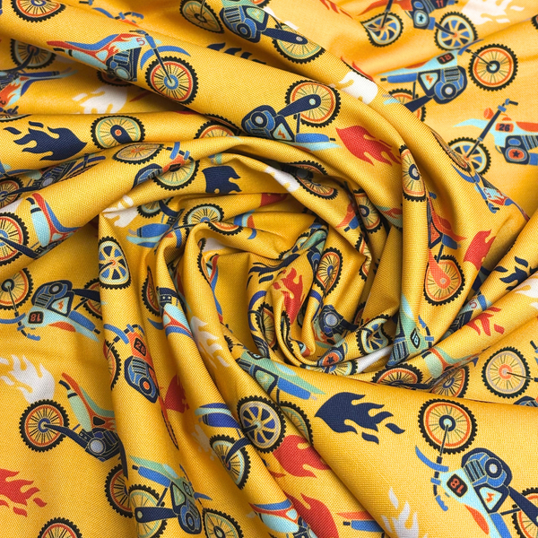 Tela Estampada de 100% Algodón 44/45" Motocicletas, Amarillo - 1 yarda