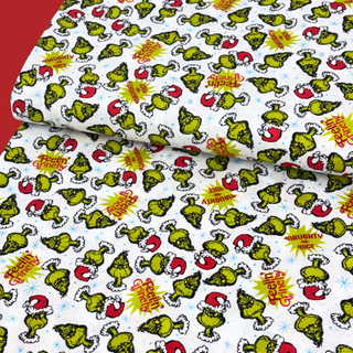 Tela Estampada de 100% Algodón , 44/45", Blanco - Feelin' Grinchy