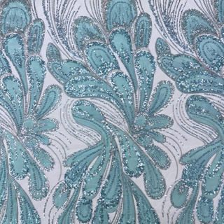 Tela Tulle de Encaje Bordada 65”, Azul Claro - 1 yarda