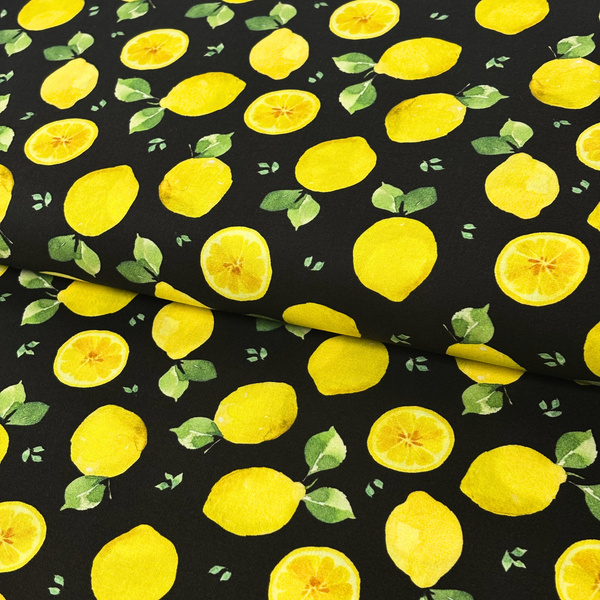 Tela Estampada de 100% Algodón 44" Limones, Negro - 1 yarda