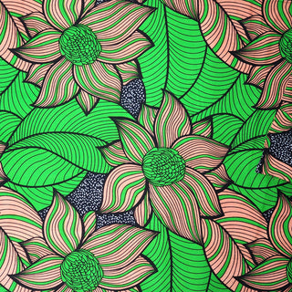 Green & Coral Flowers - African Print Double Sided- 100% Cotton Print Fabric, 44/45" Wide