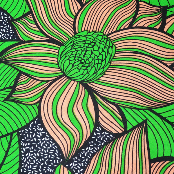 Green & Coral Flowers - African Print Double Sided- 100% Cotton Print Fabric, 44/45" Wide