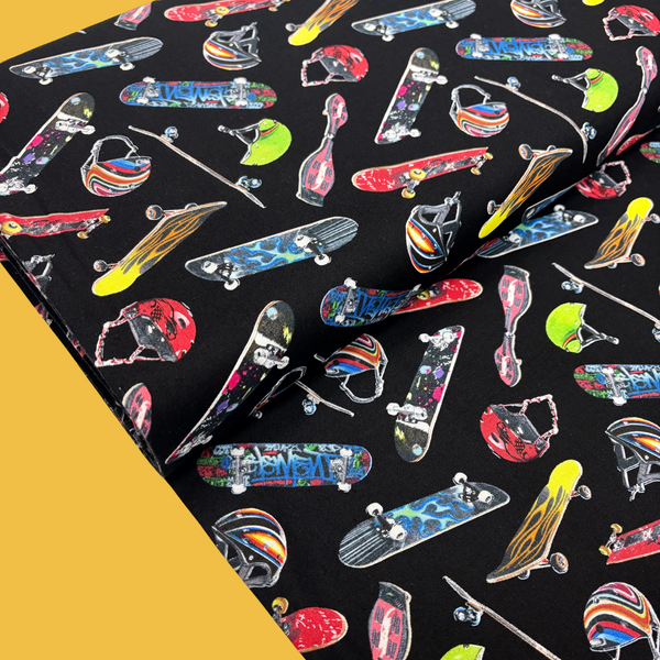 100% Cotton Print Fabric, 44/45" Wide, Skateboards, Black