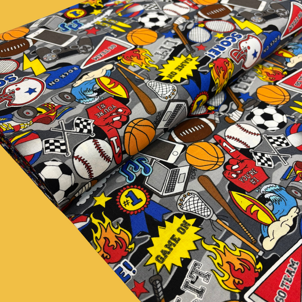 100% Cotton Print Fabric, 44/45" Wide, Game Things, Gray