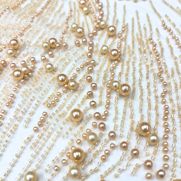 Tela Tulle de Encaje Bordada 60", Ivory / Perlas - 1 yarda