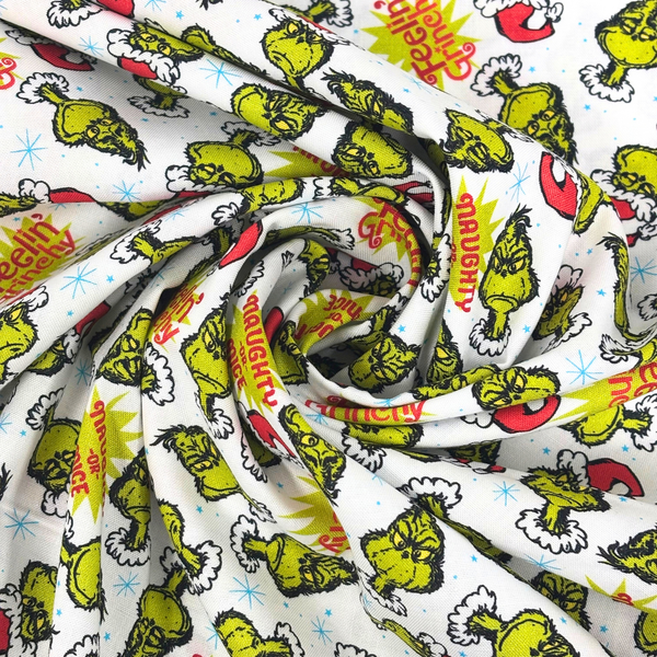 Tela Estampada de 100% Algodón , 44/45", Blanco - Feelin' Grinchy