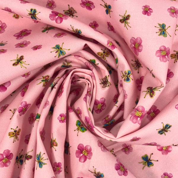 Tela Estampada de 100% Algodón 44" Insectos / Flores, Blossom - 1 yarda