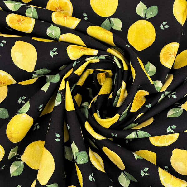 Tela Estampada de 100% Algodón 44" Limones, Negro - 1 yarda
