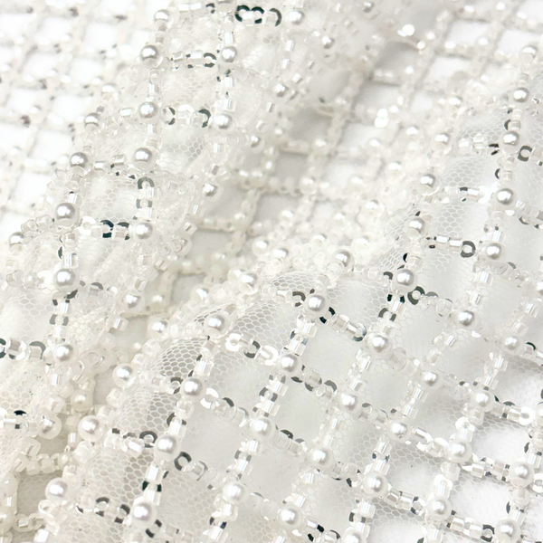 65" Embroidered Lace Tulle Fabric, White - 1 yard