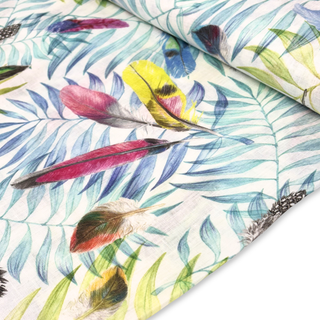 Tela Hilo 100% Estampada 58", Hojas y Plumas - 1 yarda