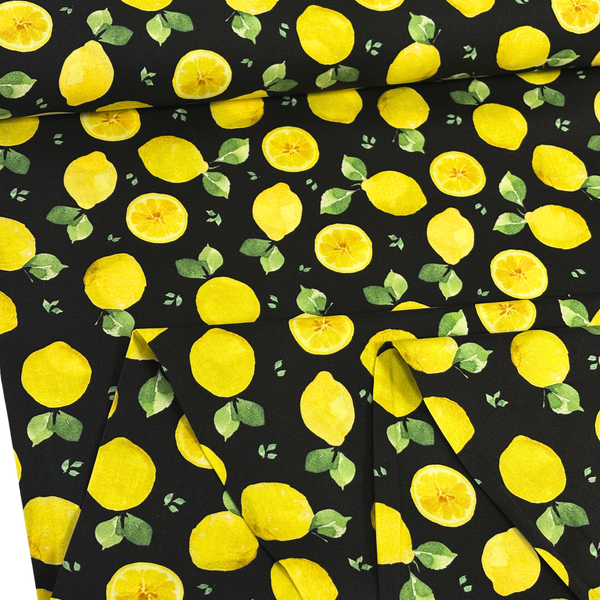 Tela Estampada de 100% Algodón 44" Limones, Negro - 1 yarda