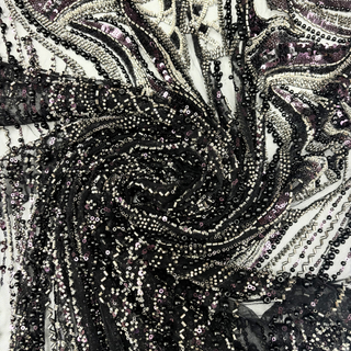 Tela Tulle de Encaje Bordada 60", Negro / Plateado - 1 yarda