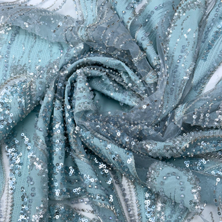 Tela Tulle de Encaje Bordada 65”, Azul Claro - 1 yarda
