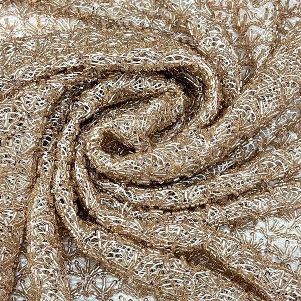 Tela Tulle de Encaje Bordada 65",  Dorado / Crema - 1 yarda