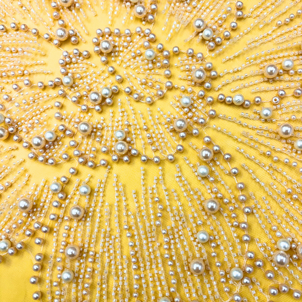Tela Tulle de Encaje Bordada 60", Ivory / Perlas - 1 yarda