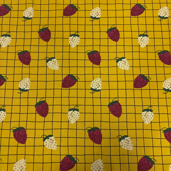 Baby Twill 60" Cotton Fabric Printed with Checks and Strawberries, Mustard - 1 yard