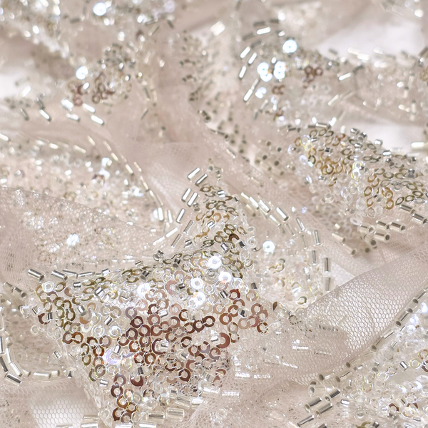 Embroidered Lace Tulle Fabric 65", Dusty Rose / Silver - 1 yard