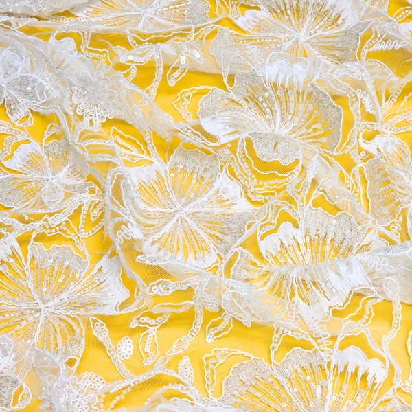 Tela Tulle de Encaje Bordada 65", Blanco - 1 yarda