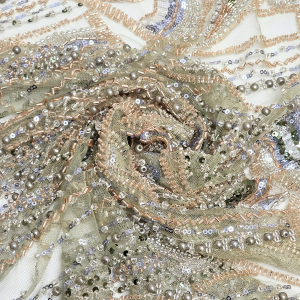 Embroidered Lace Tulle Fabric 65", Dusty Rose / Silver - 1 yard