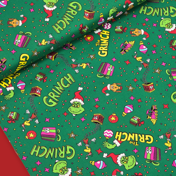 100% Cotton Print Fabric, 44/45" Wide, Grinch Gifts - Green