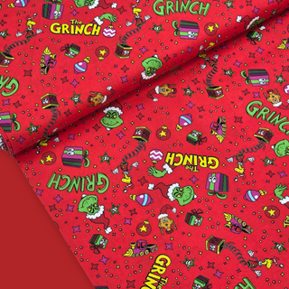 100% Cotton Print Fabric, 44/45" Wide, Grinch Gifts - Red
