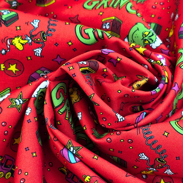 100% Cotton Print Fabric, 44/45" Wide, Grinch Gifts - Red