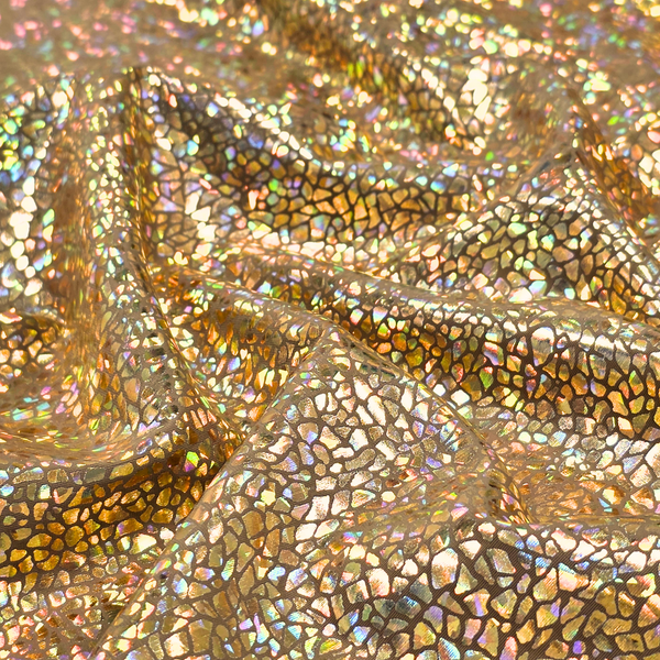 60" Holographic Lycra Fabric, Poly / Spandex - Dark Gold and Black