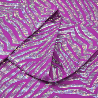 Tela Licra Holográfica 60", Estampado de Zebra Violeta y Plateado - 1 yarda