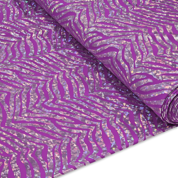 Tela Licra Holográfica 60", Estampado de Zebra Violeta y Plateado - 1 yarda