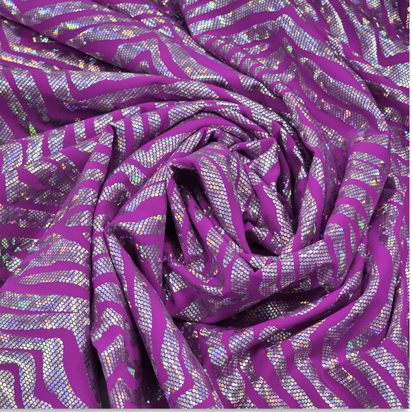 Tela Licra Holográfica 60", Estampado de Zebra Violeta y Plateado - 1 yarda