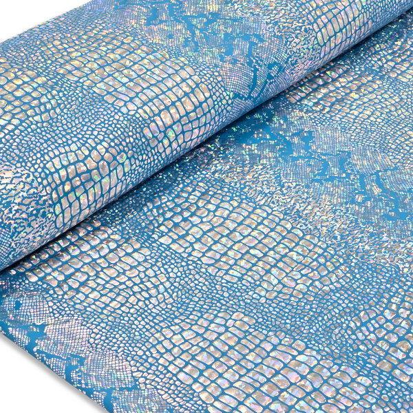 Tela Licra Holográfica 60", Estampado de Cocodrilo Azul y Plateado - 1 yarda