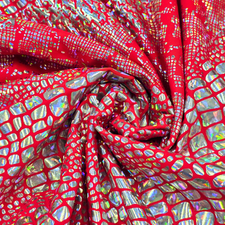 Tela Licra Holográfica 60", Estampado de Cocodrilo Rojo y Plateado - 1 yarda