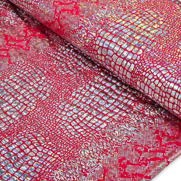 Tela Licra Holográfica 60", Estampado de Cocodrilo Rojo y Plateado - 1 yarda