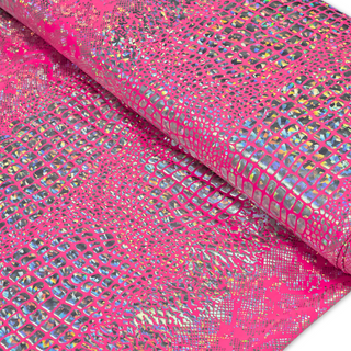 Tela Licra Holográfica 60", Estampado de Cocodrilo Rosa y Plateado - 1 yarda