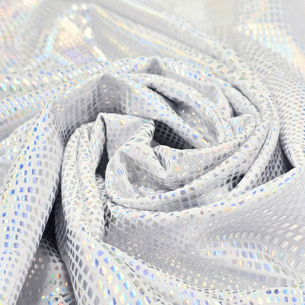Tela Licra Holográfica 60", Estampado de Esferas Plateado - 1 yarda