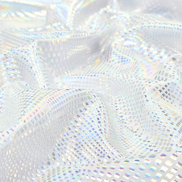 Tela Licra Holográfica 60", Estampado de Esferas Plateado - 1 yarda
