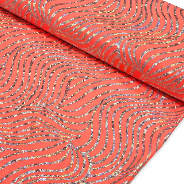 Tela Licra Holográfica 60", Estampado Ondulado Anaranjado con Brillo y Plateado - 1 yarda