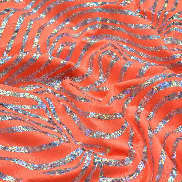 Tela Licra Holográfica 60", Estampado Ondulado Anaranjado con Brillo y Plateado - 1 yarda