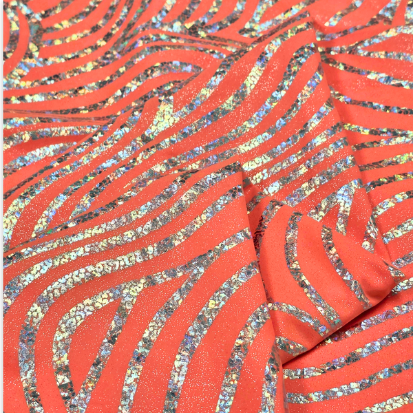 Tela Licra Holográfica 60", Estampado Ondulado Anaranjado con Brillo y Plateado - 1 yarda