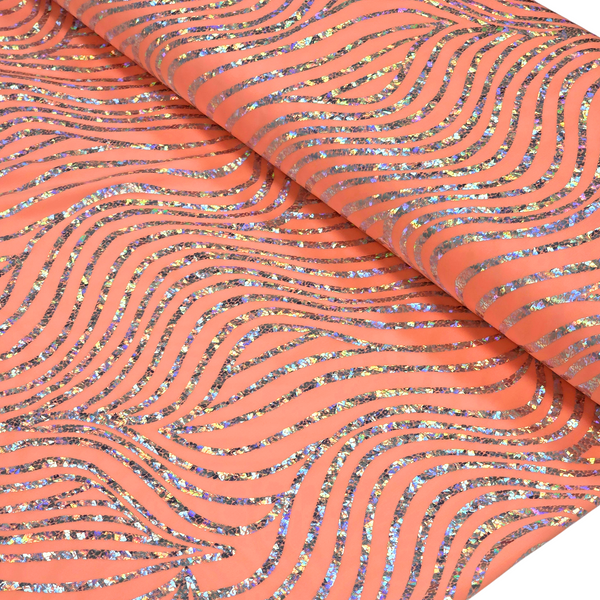 Tela Licra Holográfica 60", Estampado Ondulado Melocotón - 1 yarda