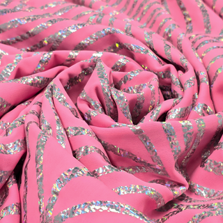 Tela Licra Holográfica 60", Estampado Ondulado Rosa y Plateado - 1 yarda