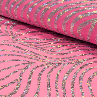 Tela Licra Holográfica 60", Estampado Ondulado Rosa y Plateado - 1 yarda